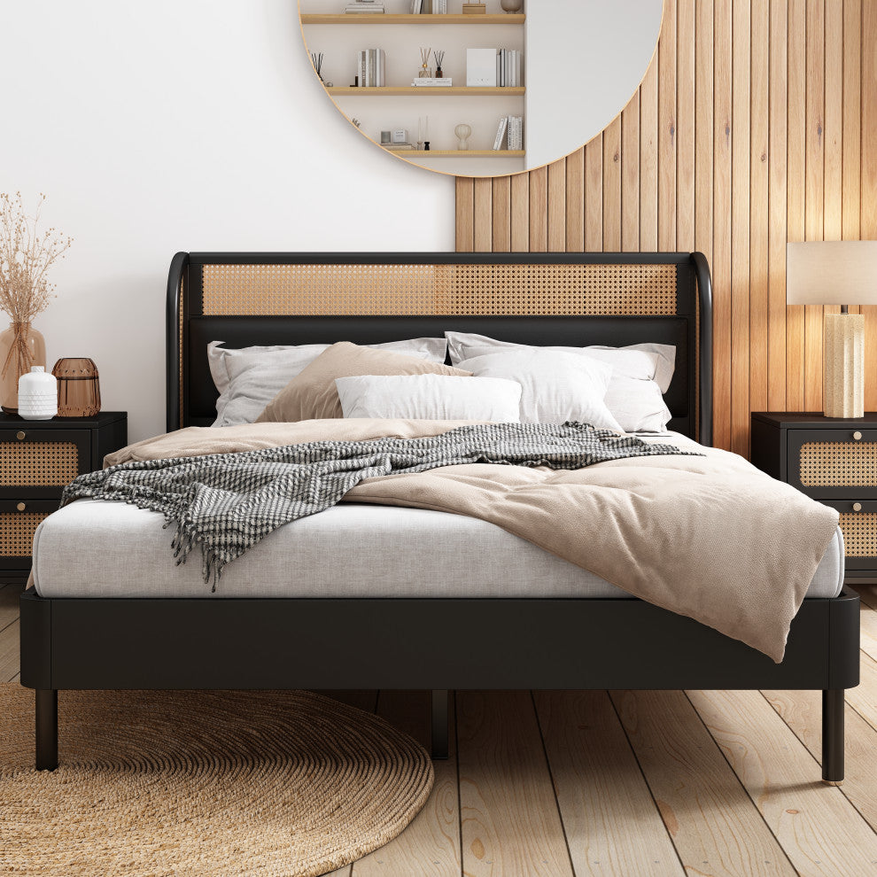 TATEUS PU Modern Cannage Rattan Wood Platform Queen Bed, Black
