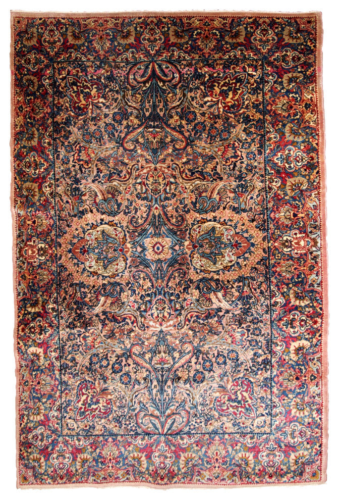Handmade antique Persian Kerman rug 4.2' x 6.10' (128cm x 211cm) 1920s