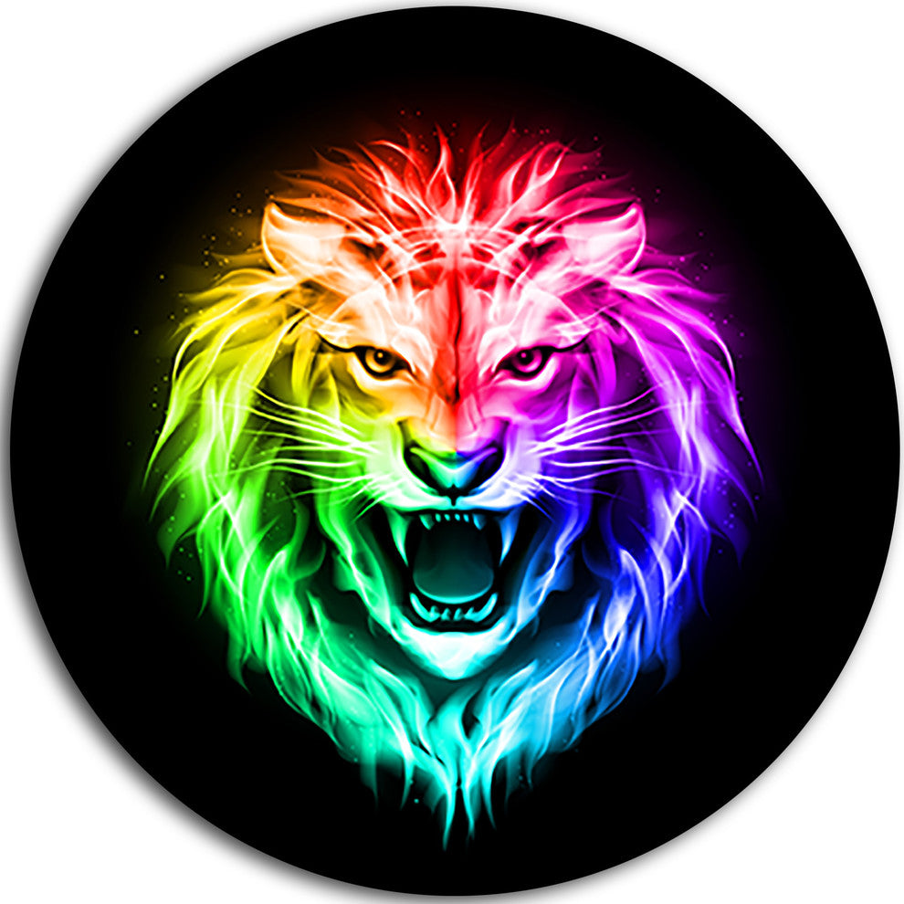 Colorful Fire Lion, Animal Digital Art Large Disc Metal Wall Art, 23"