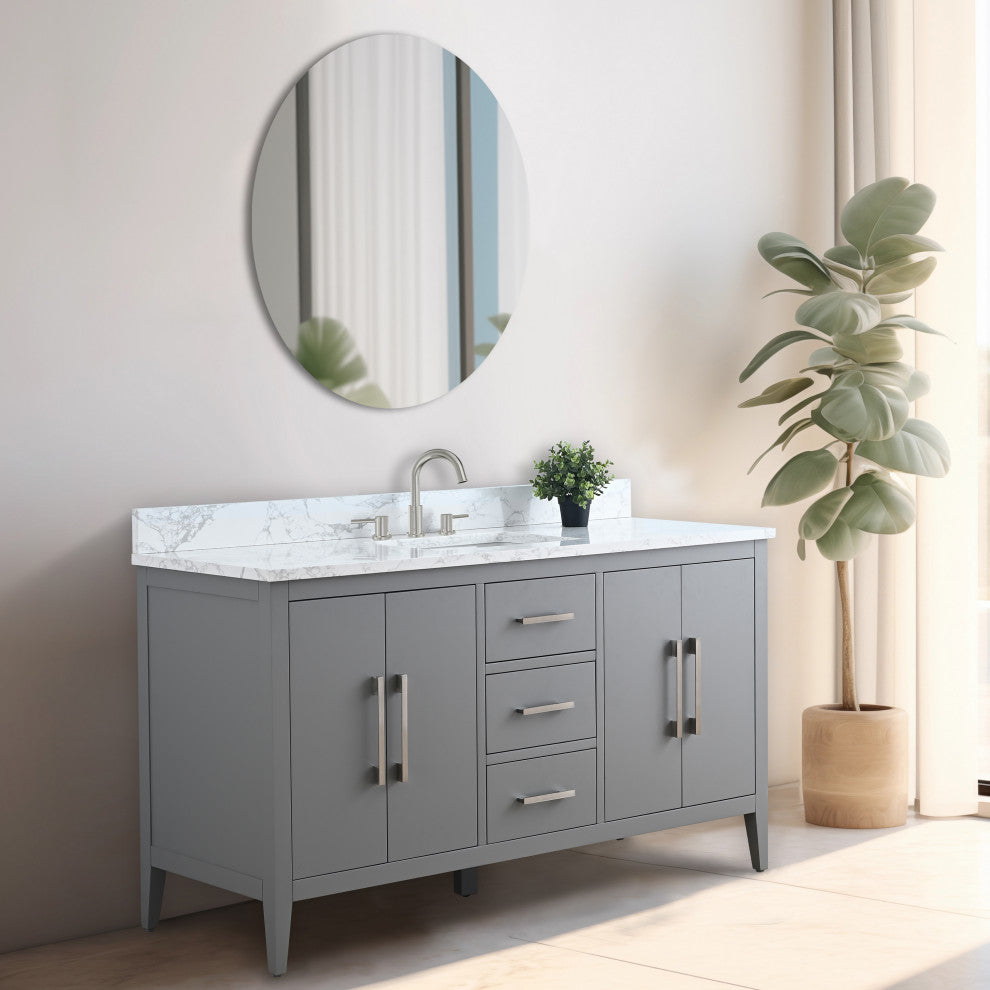 Vanity Art Bathroom Vanity With Sink, Cashmere Gray, 60", Single Sink, Brushed Nickel