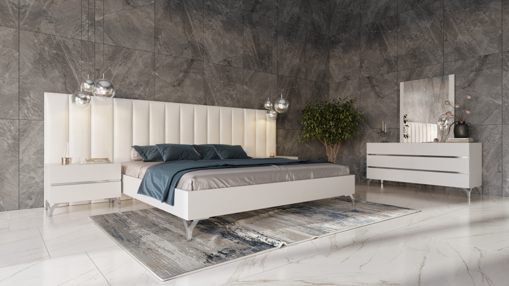 Nova Domus Angela Italian White Eco Leather Bed, Nightstands and Wings, Queen