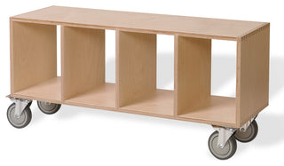 Modern Wood Bench On Casters, Open Cube Storage, Birch