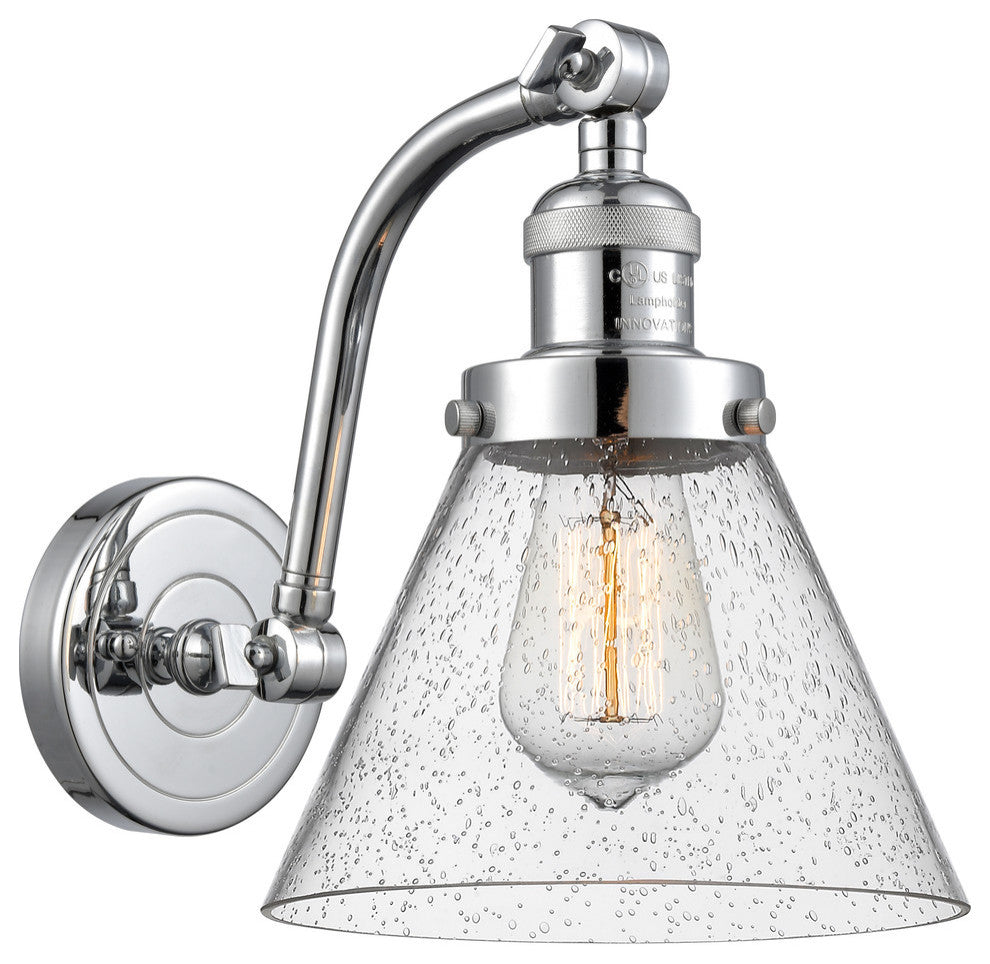 1-Light Large Cone 8" Sconce, Polished Chrome, Glass: Seedy