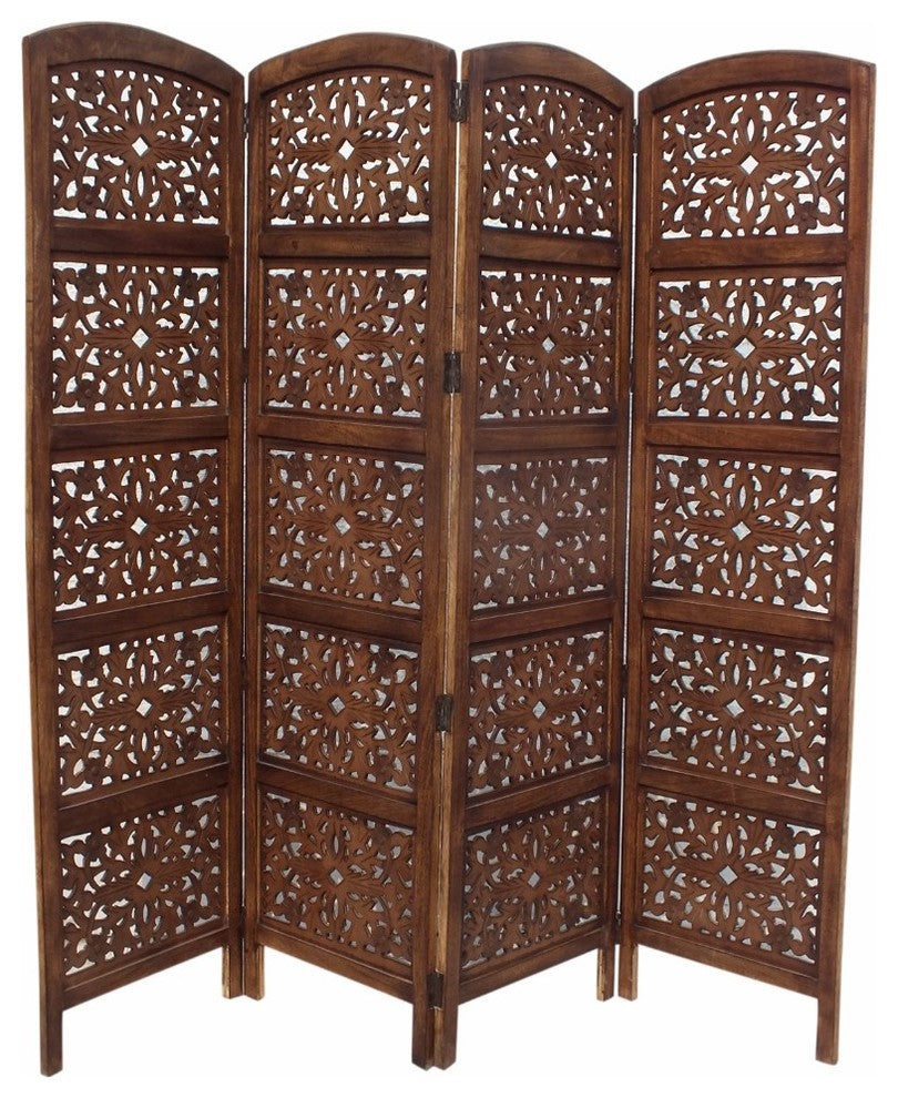 Handmade Foldable 4 Panel Wooden Partition Screen Room Divider Brown