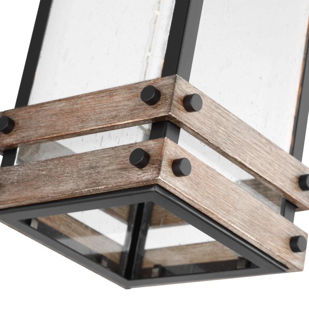 Homestead 1-Light Large Wall Lantern, Matte Black/Wood/Clear Seed