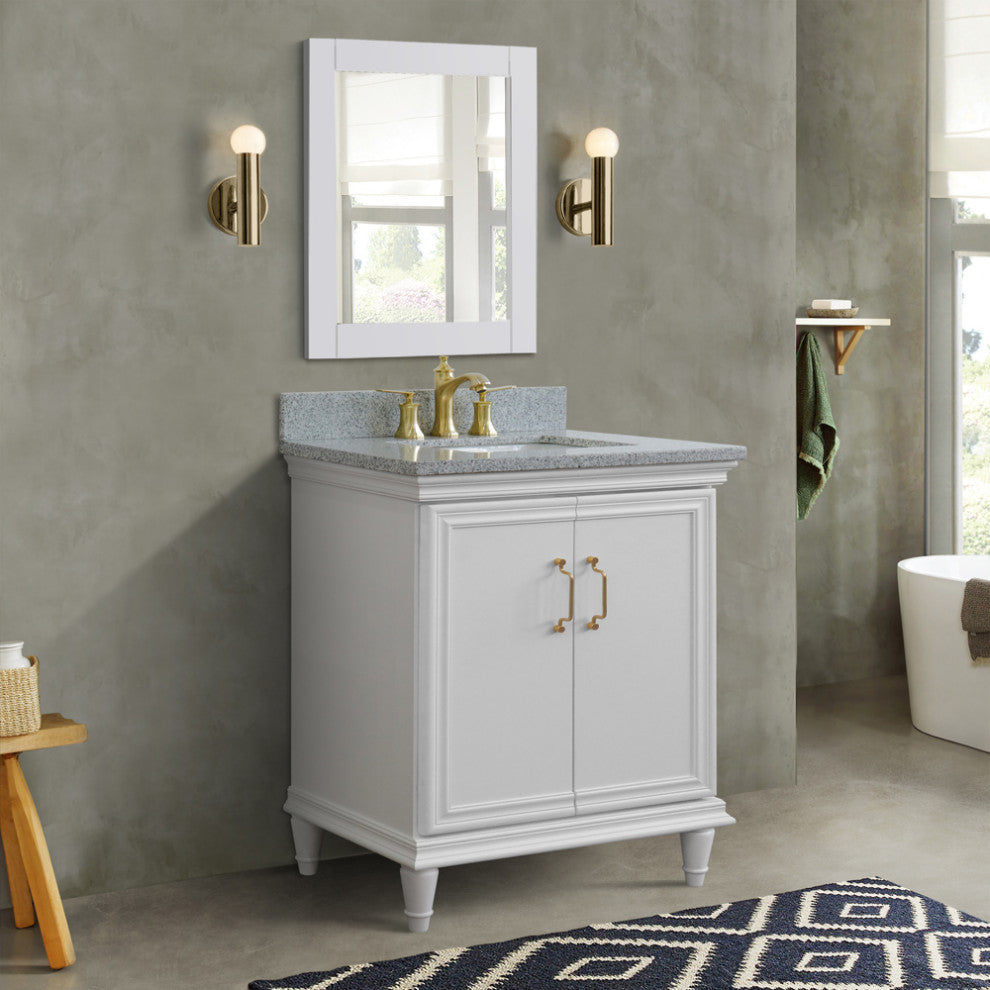 31" Single Vanity, White Finish With Gray Granite And Rectangle Sink