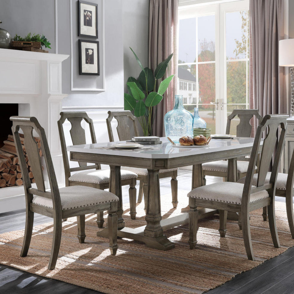Set of 2 Beige Linen Side Chair, Weathered Oak