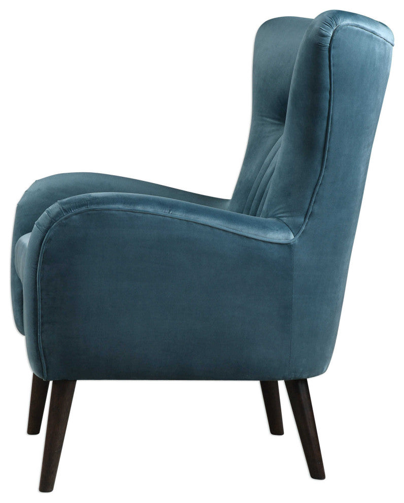 Midcentury Modern Teal Blue Arm Wing Chair, Sculpted Back Tapered Leg