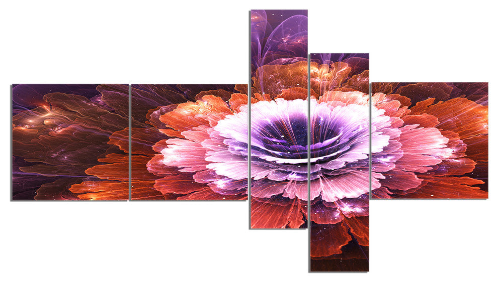 Abstract Pink Fractal Flower, Floral Art Canvas Print, 60"x32", 5 panels