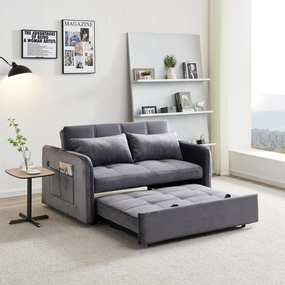 TATEUS 55.5" Twins Pull Out Sofa Bed Velvet for Small Room Grey