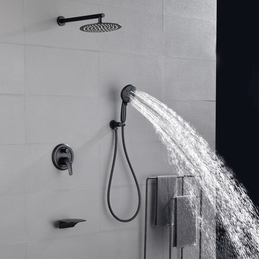 Waterfall Tub Spout Shower System, Handheld Shower Head, Matte Black