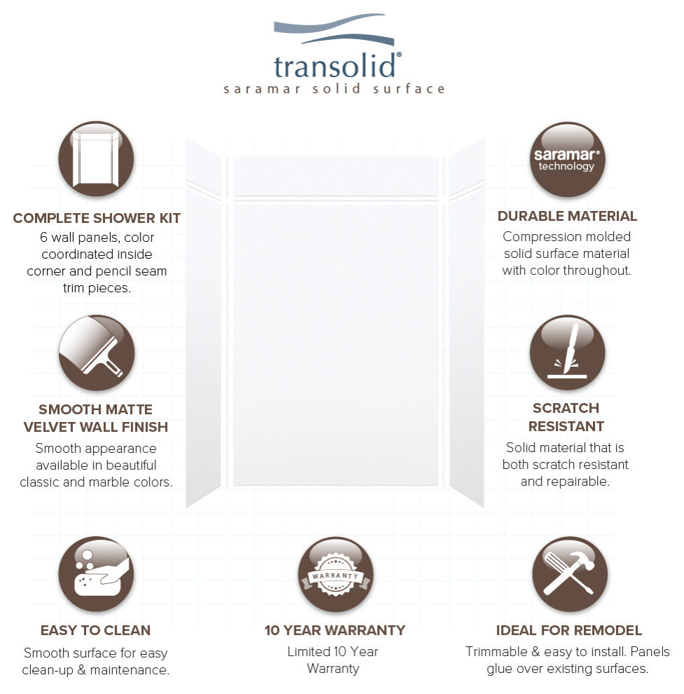 Transolid SaraMar 60"x36"x96" 6-Piece Shower Wall Kit, White Velvet
