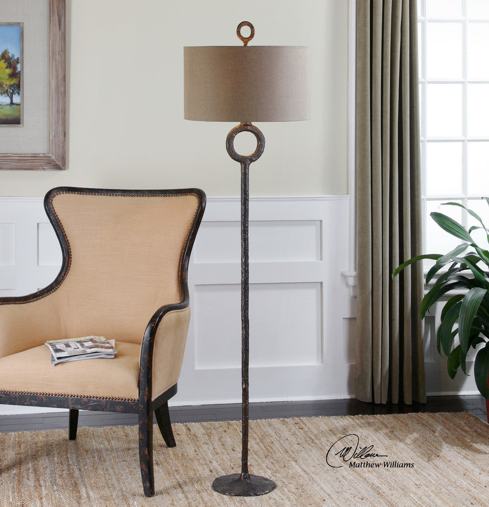 Rustic Hammered Cast Iron Textured Ring Floor Lamp 66 in Minimalist Bronze Metal