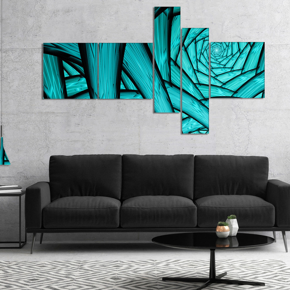 Turquoise Fractal Endless Tunnel, Abstract Canvas Art Print, 60"x32", 5 panels