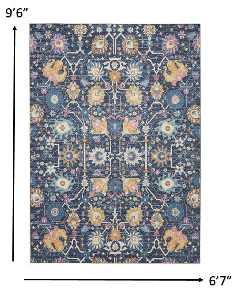 7' X 10' Navy Blue Floral Power Loom Area Rug