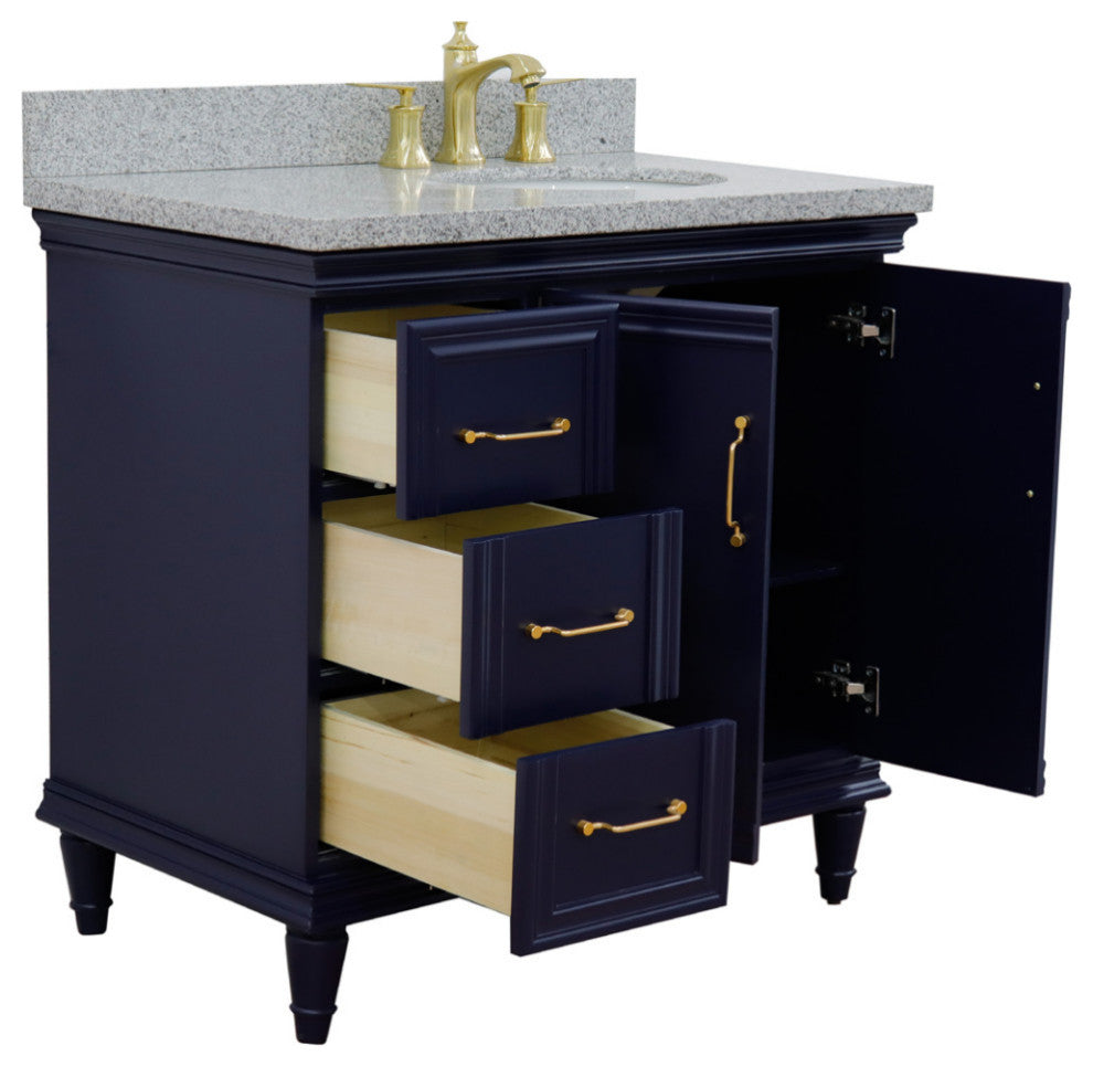37" Single Vanity, Blue Finish With Gray Granite