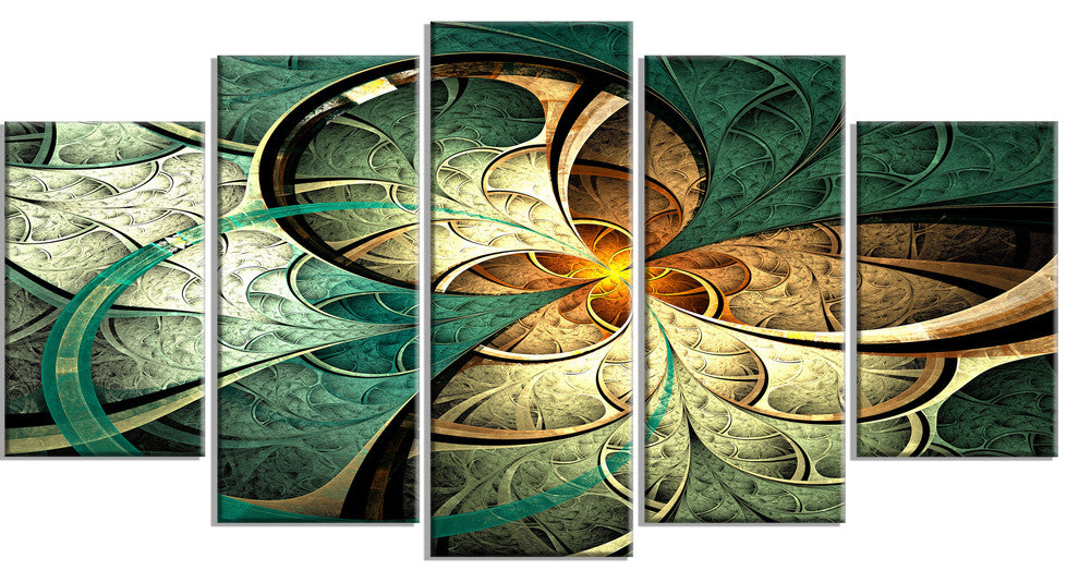 Dark Yellow Green Fractal Flower, Abstract Canvas Art Print, 60"x32", 5 Panels