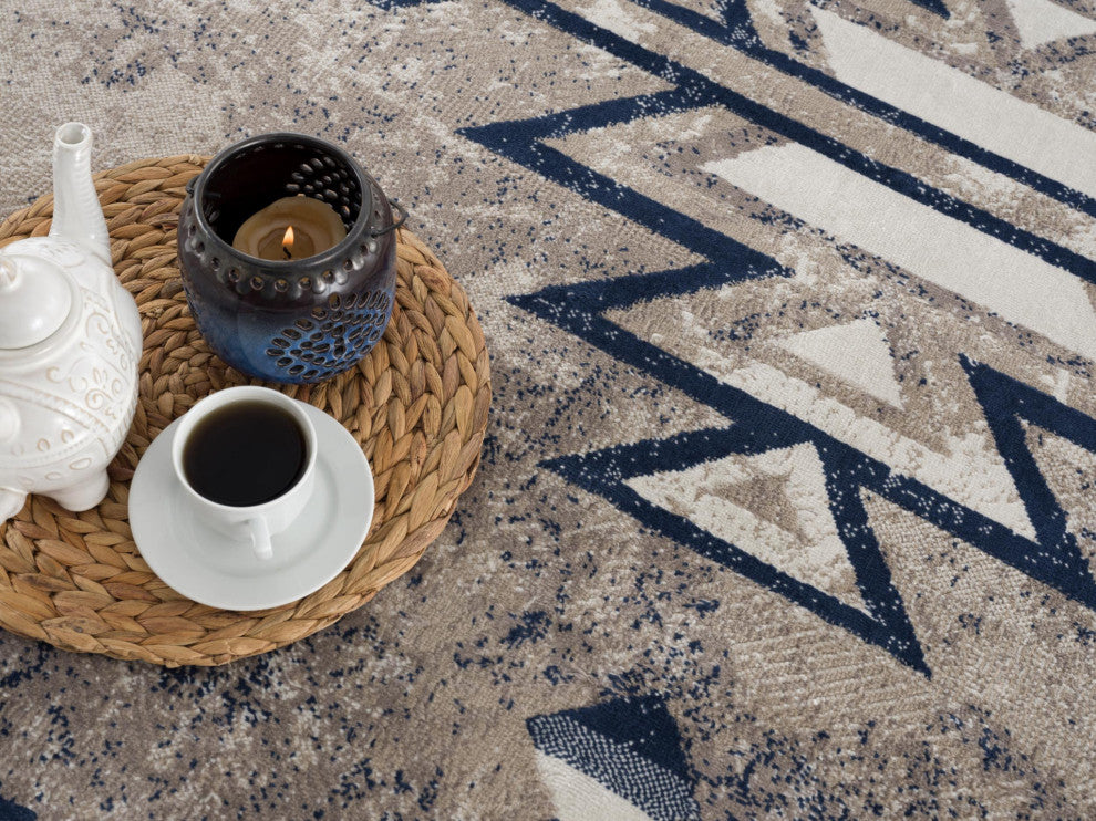 8"x11" Beige and Blue Boho Chic Area Rug