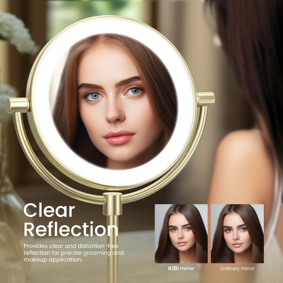 Circular LED Free Standing Magnifying Make Up Mirror, Brushed Gold
