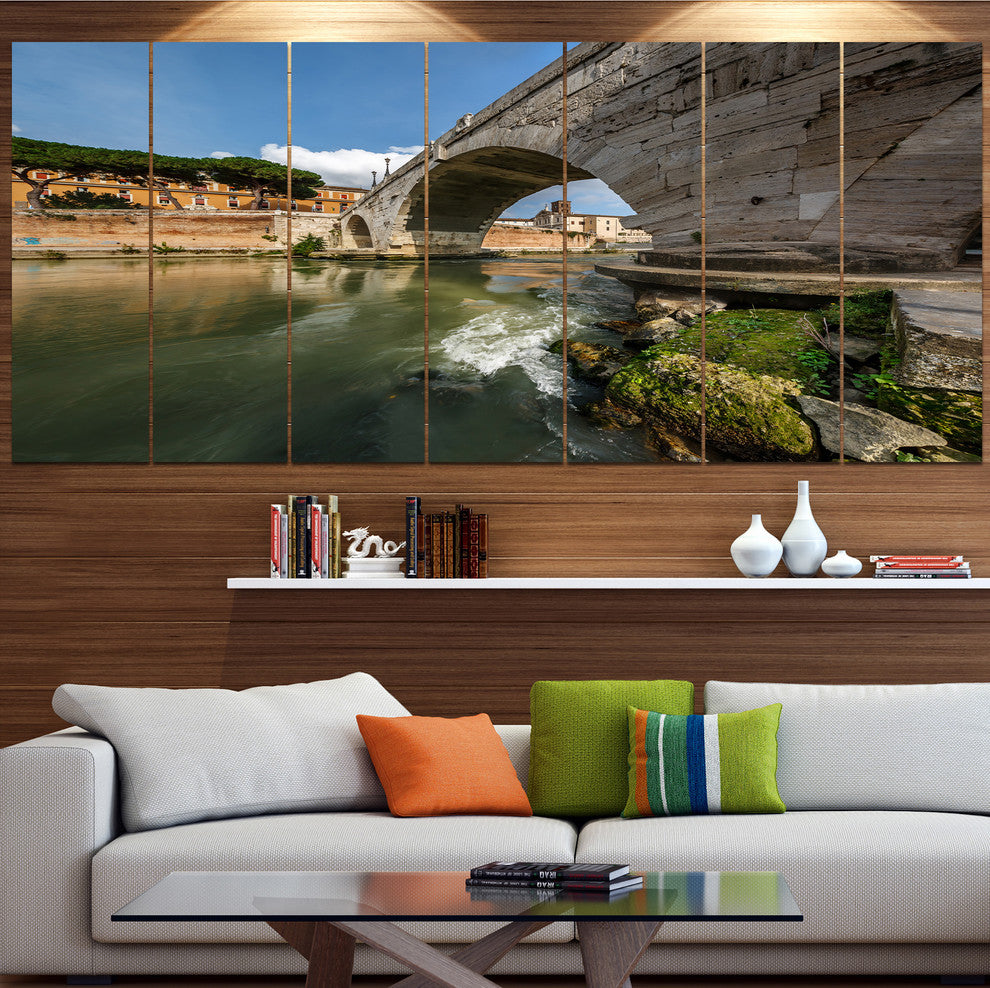 Cestius Bridge Over Tiber River, Landscape Canvas Art Print, 83"x32", 7 Panels