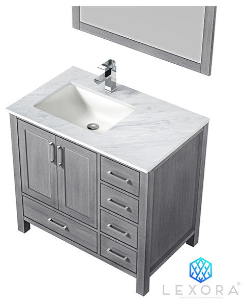 Jacques 36" Vanity, Wht Carrara Marble Top w/ 34" Mirror, Distressed Grey, Left