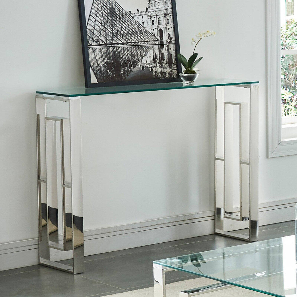 Elegant Console Table, Lattice Accented Stainless Steel Legs & Glass Top, Chrome