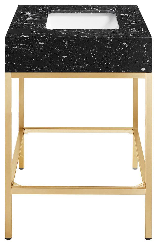 Marmo Bathroom Vanity, Black, 30" Wide, Brushed Brass Finish