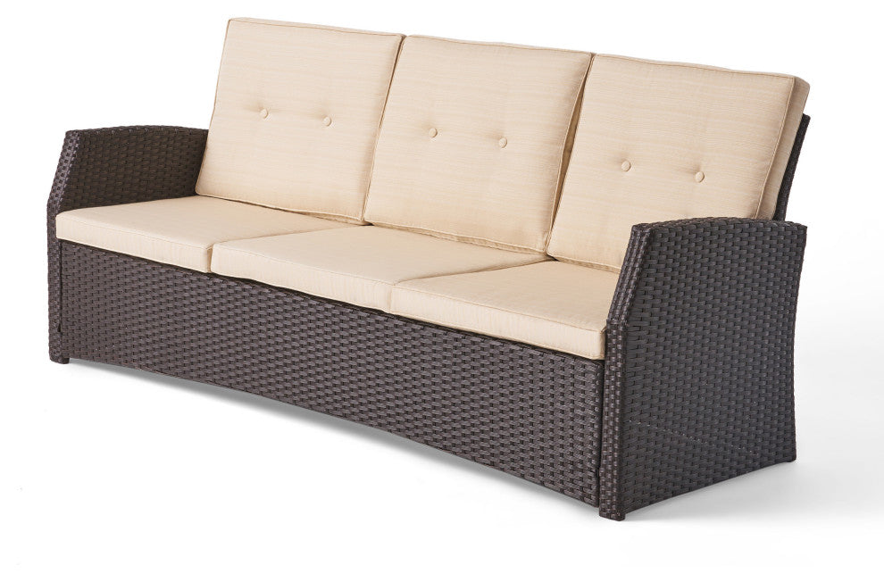 GDF Studio Amigo Outdoor 3-Seater Wicker Sofa With Beige Cushions, Dark Brown/Be