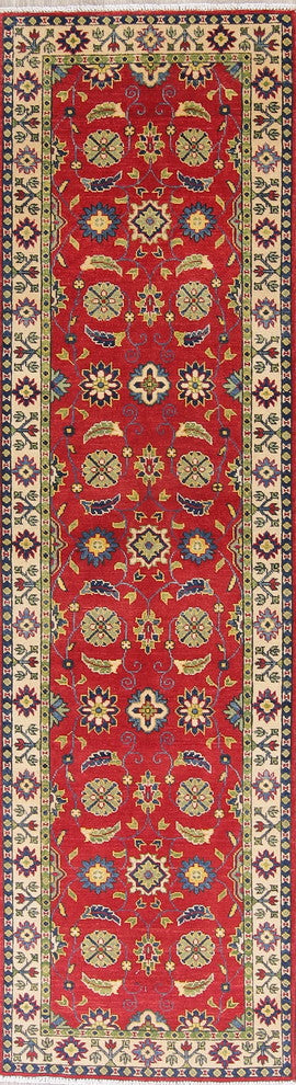 Wool Kazak Oriental Hand Made Pakistani Traditional Runner Rug, Red, 9'10"X2'9"