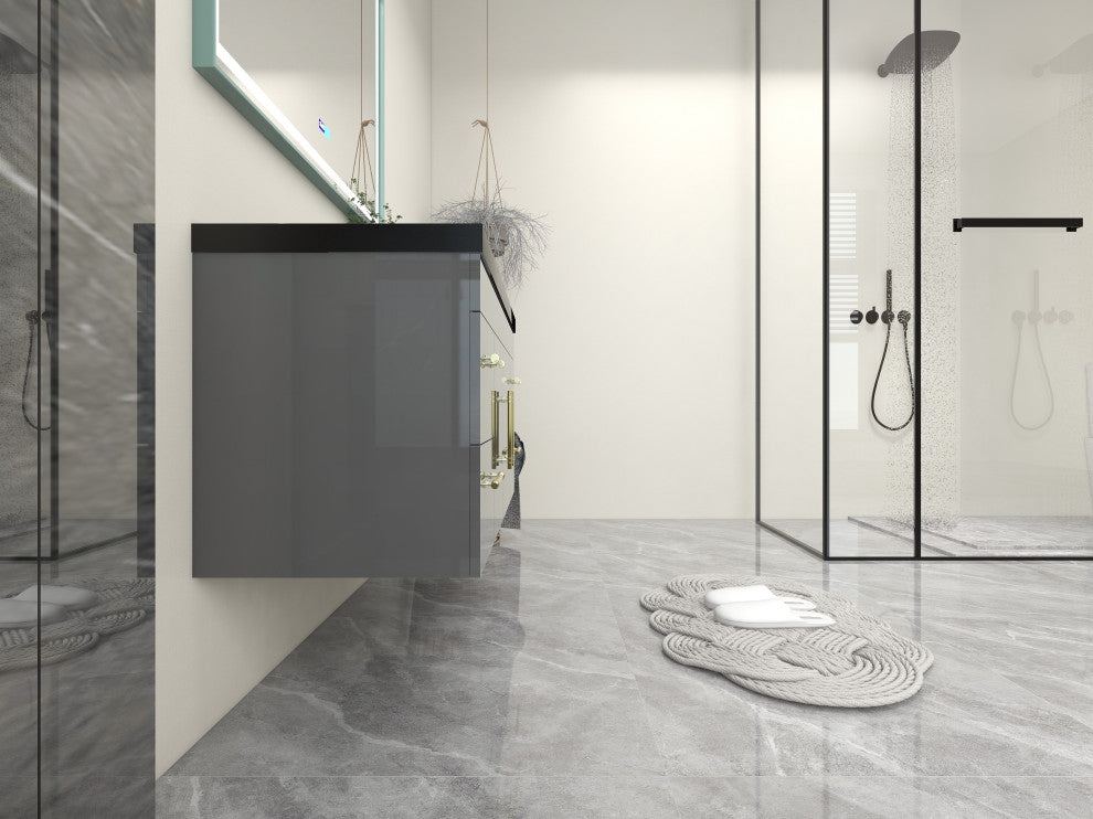 Rosa 48" Wall Mounted Modern Vanity, High Gloss Gray, Matt Black Top