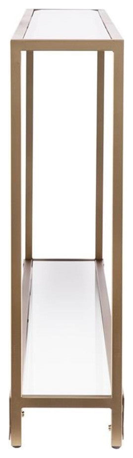 Maklaine Modern Narrow Metal Console in Gold with White Glass