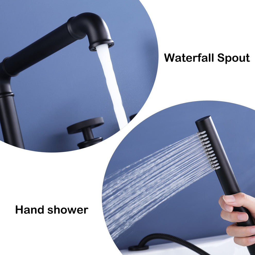 Modern 3-Handle Deck Mounted Roman Tub Faucet With Handshower, Matte Black