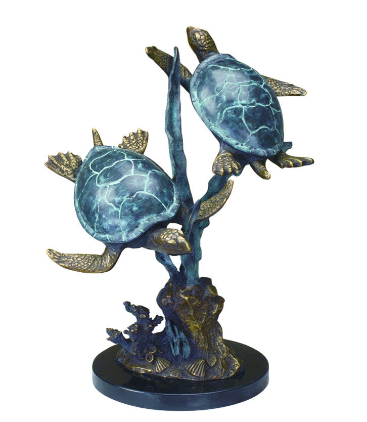 Sea Turtle Duet Brass and Marble Statue Hand Painted Accents