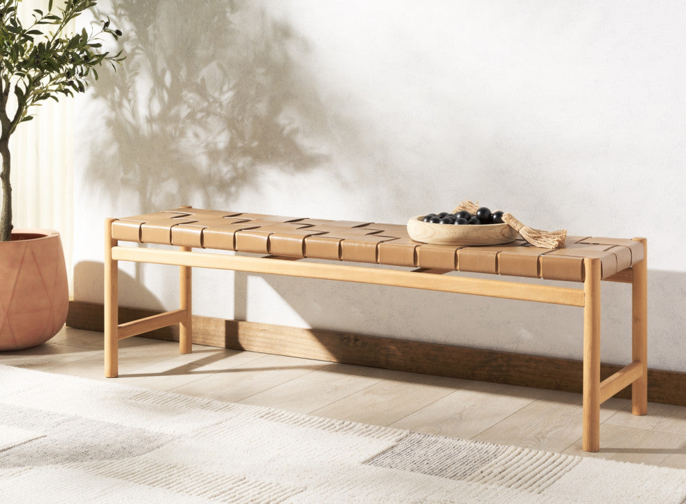 Safavieh Couture Devnie Woven Leather Bench, Brown/Natural