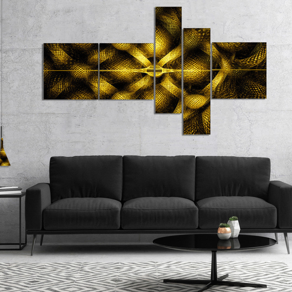 Golden Fractal Watercolor Pattern, Abstract Art on Canvas, 60"x32", 5 panels