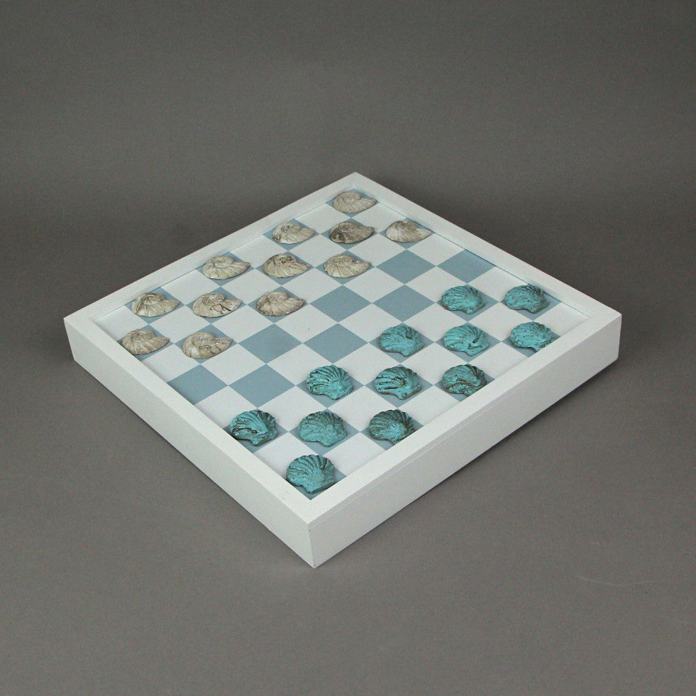 Coastal Themed Seashell Checkers Set With Game Board 13 Inches