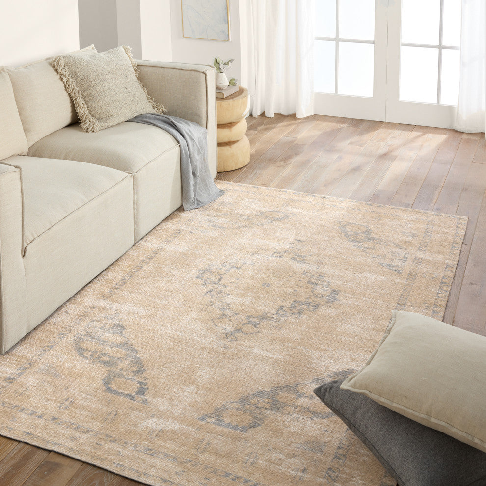 Label J Sibit EDA02 Medallion Tan and Slate Area Rug, 7'6"x9'10"