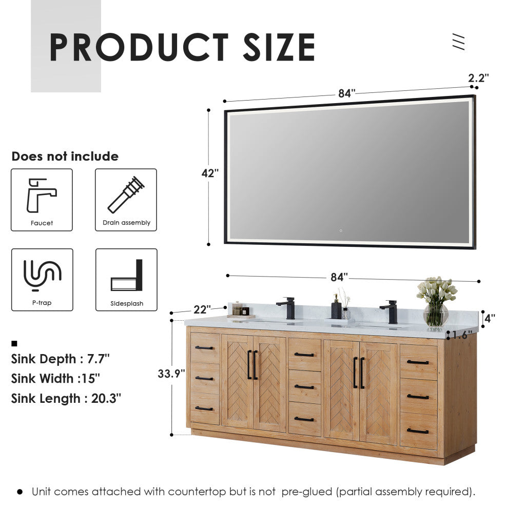 Anais Vanity Grain White Engineered Stone Countertop, Light Brown, 84", With Mirror