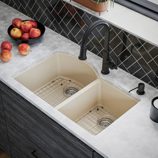 Karran Undermount Quartz 32" 60/40 Double Bowl Kitchen Sink Kit, Bisque