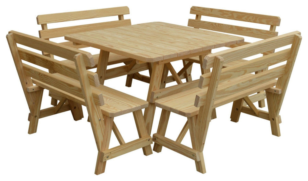 Pine 43" Square Table with Backed Benches, Unfinished