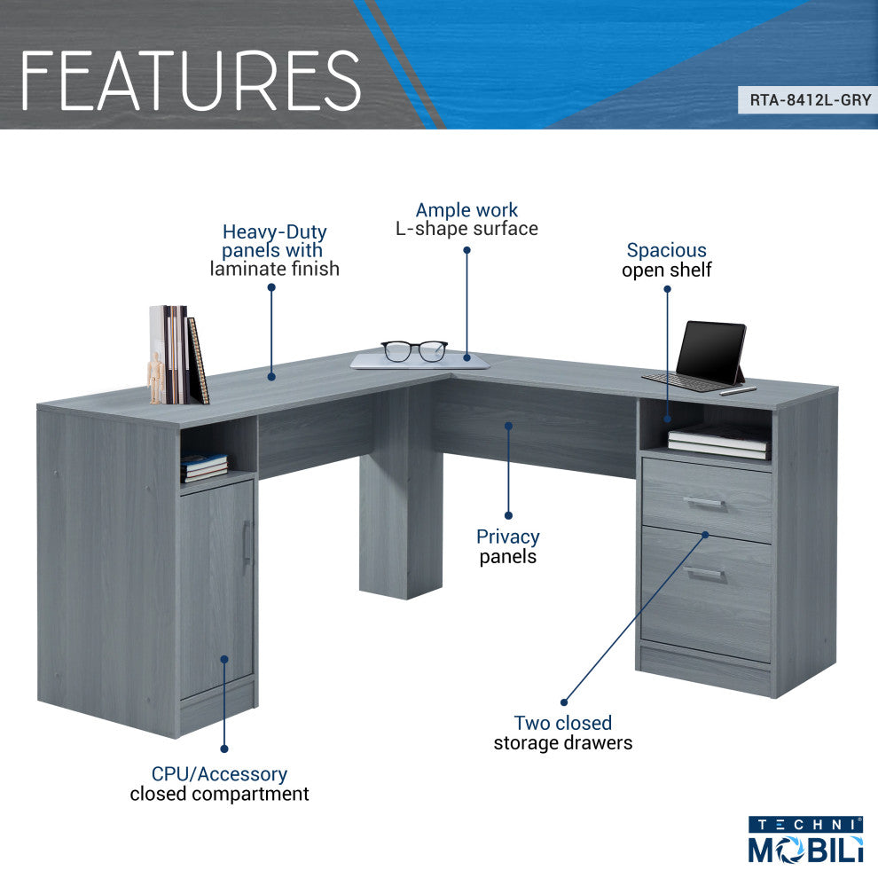 Techni Mobili Functional L-Shape Desk with Storage, Grey