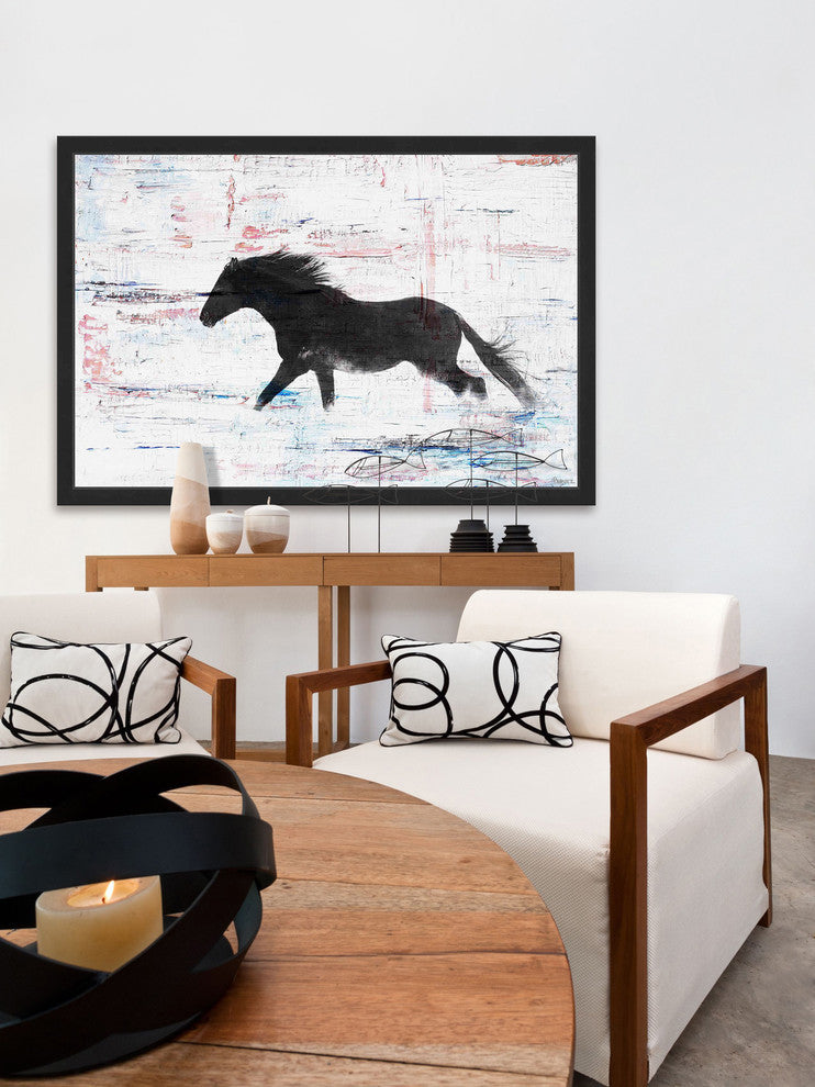 Parvez Taj "Black Horse Stride" Framed Painting Print, 24"x16"