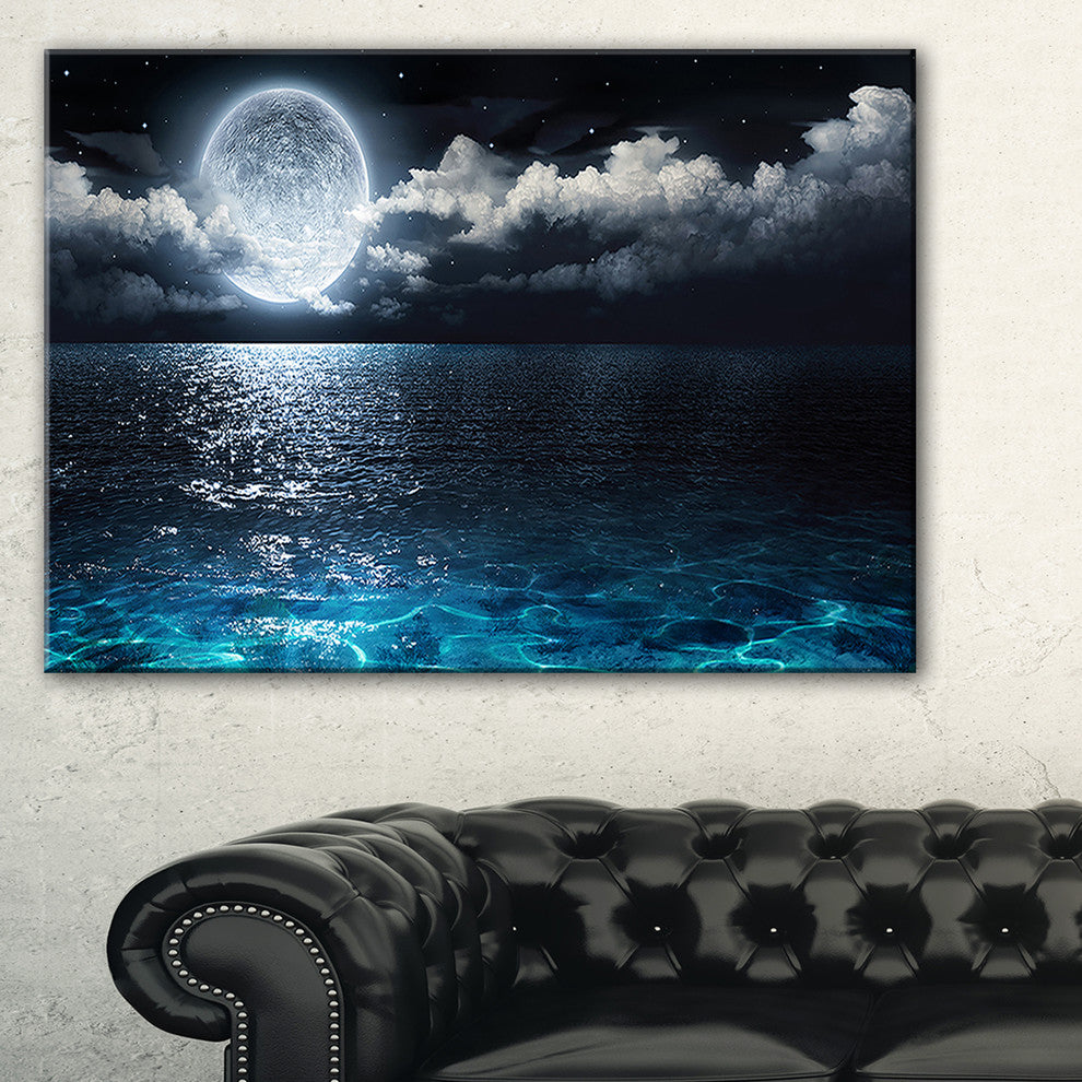 "Romantic Full Moon Over Sea" Seascape Canvas Photo Print, 32"x16"