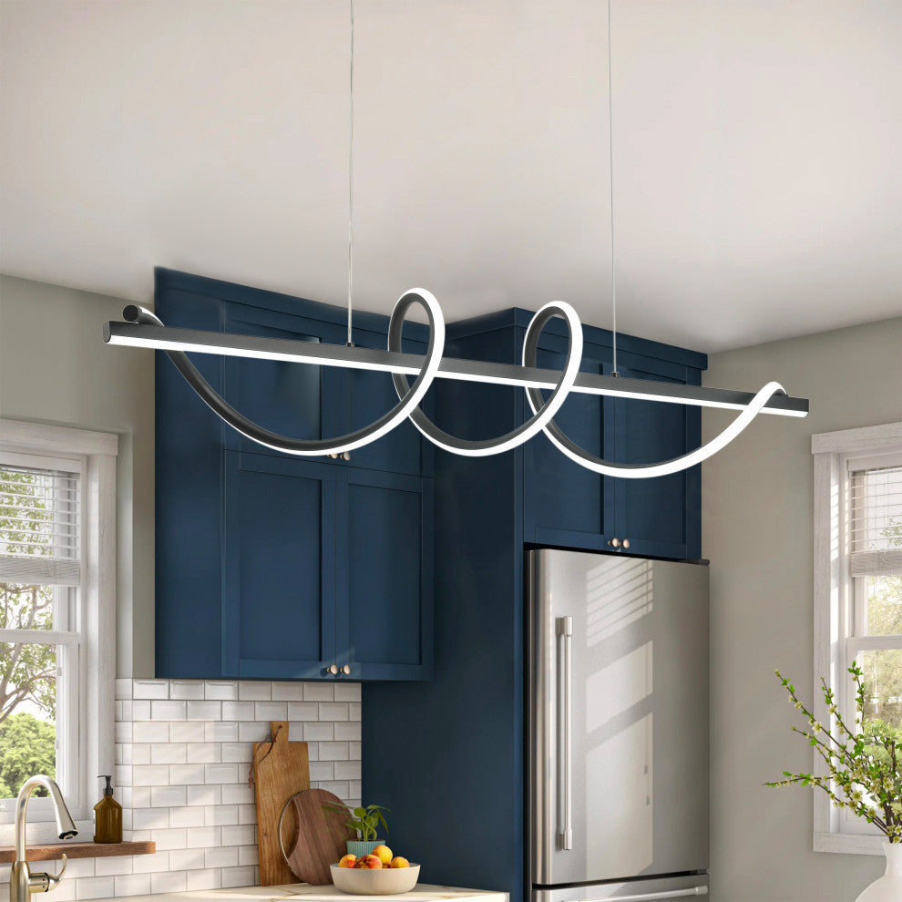 Modern Linear Wave Shape LED Pendant Lighting for Kitchen Island, Black