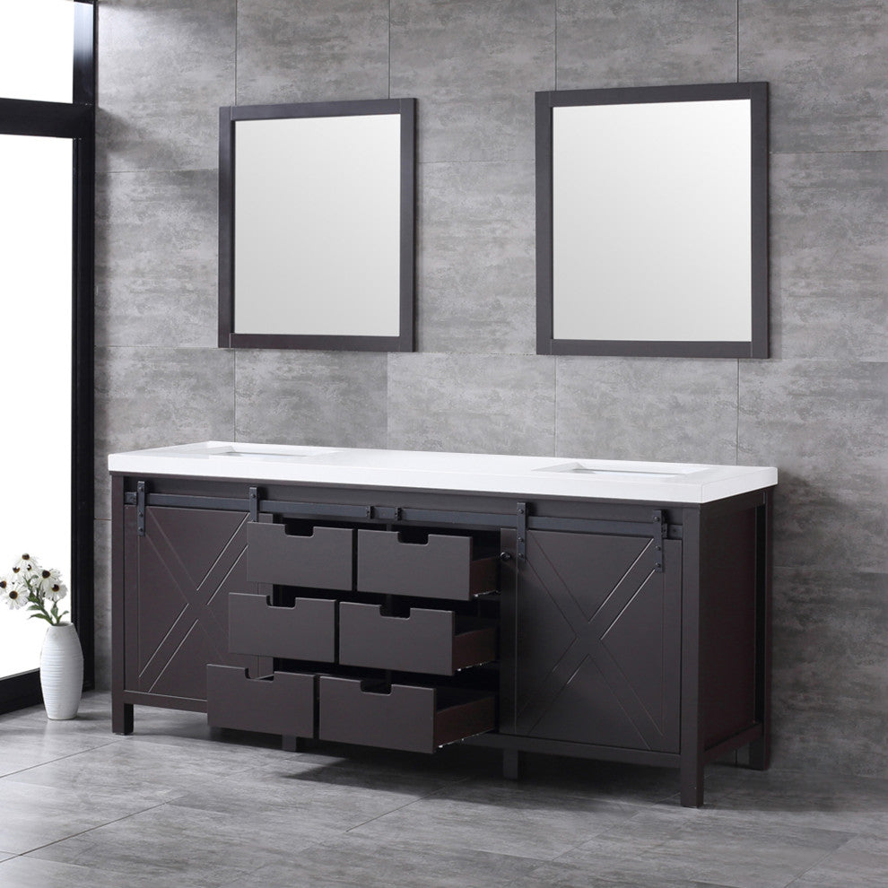 Marsyas 80" Brown Double Vanity Cabinet Quartz Top Sinks, 30" Wall Mirrors