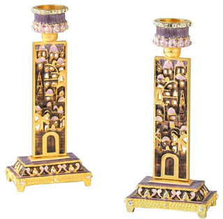 Shabbat Candlestick (2-Piece Set) Hand-Painted  Gold-Plated Pewter