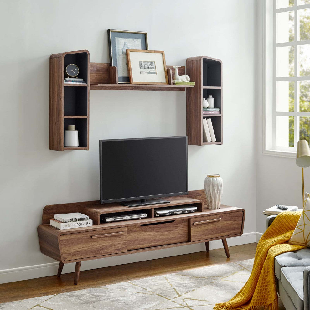 Modern Lounge Media TV Stand Storage Set, Wood, Natural Walnut Gray Grey