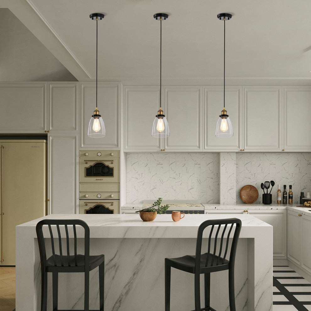 1-Light Black and Antique Brass Mini Pendant Light With Clear Bell Glass Shade