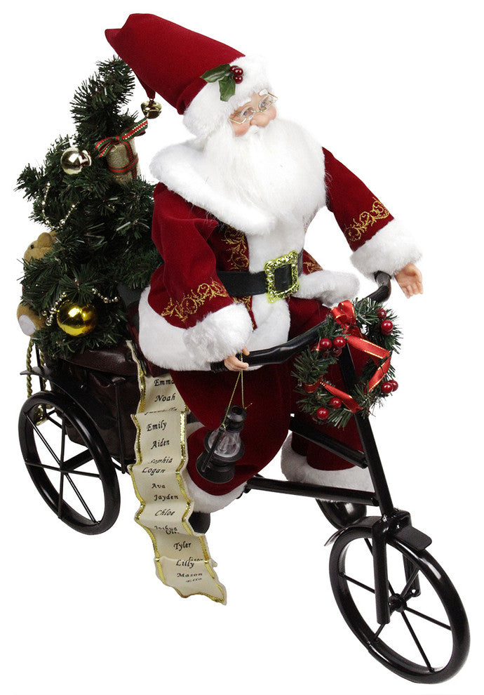 Classic Santa Claus on Black Tricycle With Decorated Tree and Presents, 21"