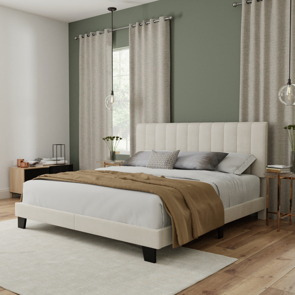 Hillsdale Crestone Adjustable Height Channel Upholstered Full Platform Bed, Cream, King Bed